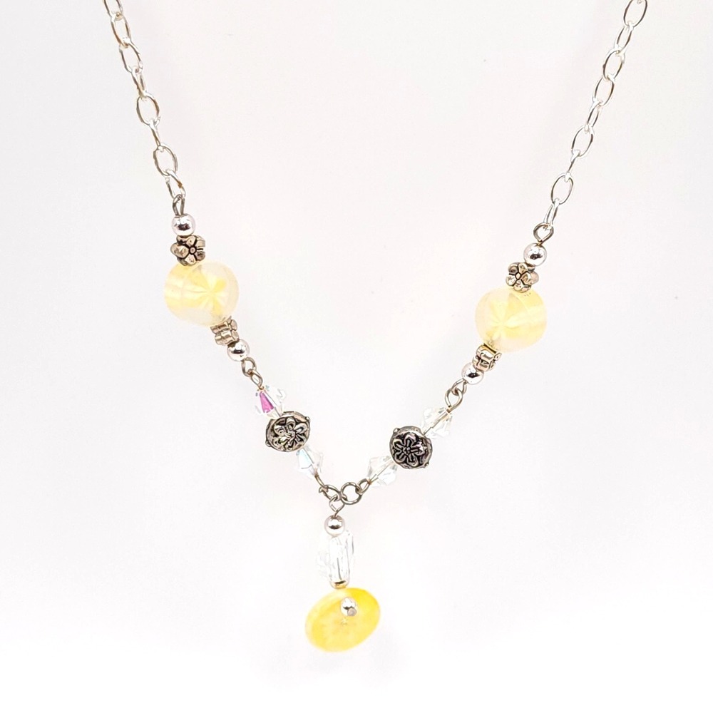 Silver Tone Y Necklace Yellow Lucite Beads Dangle 26in‎